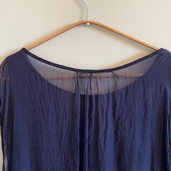 100% Silk Sheer Navy Blue Short Sleeve Blouse Loose Fitting Scoop Neck Billowing - Picture 6 of 11